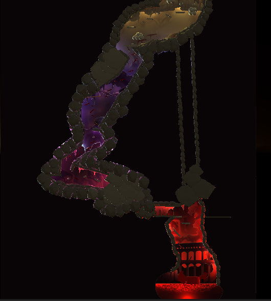 The final map view from Unity with assets and the moody colours implemented.