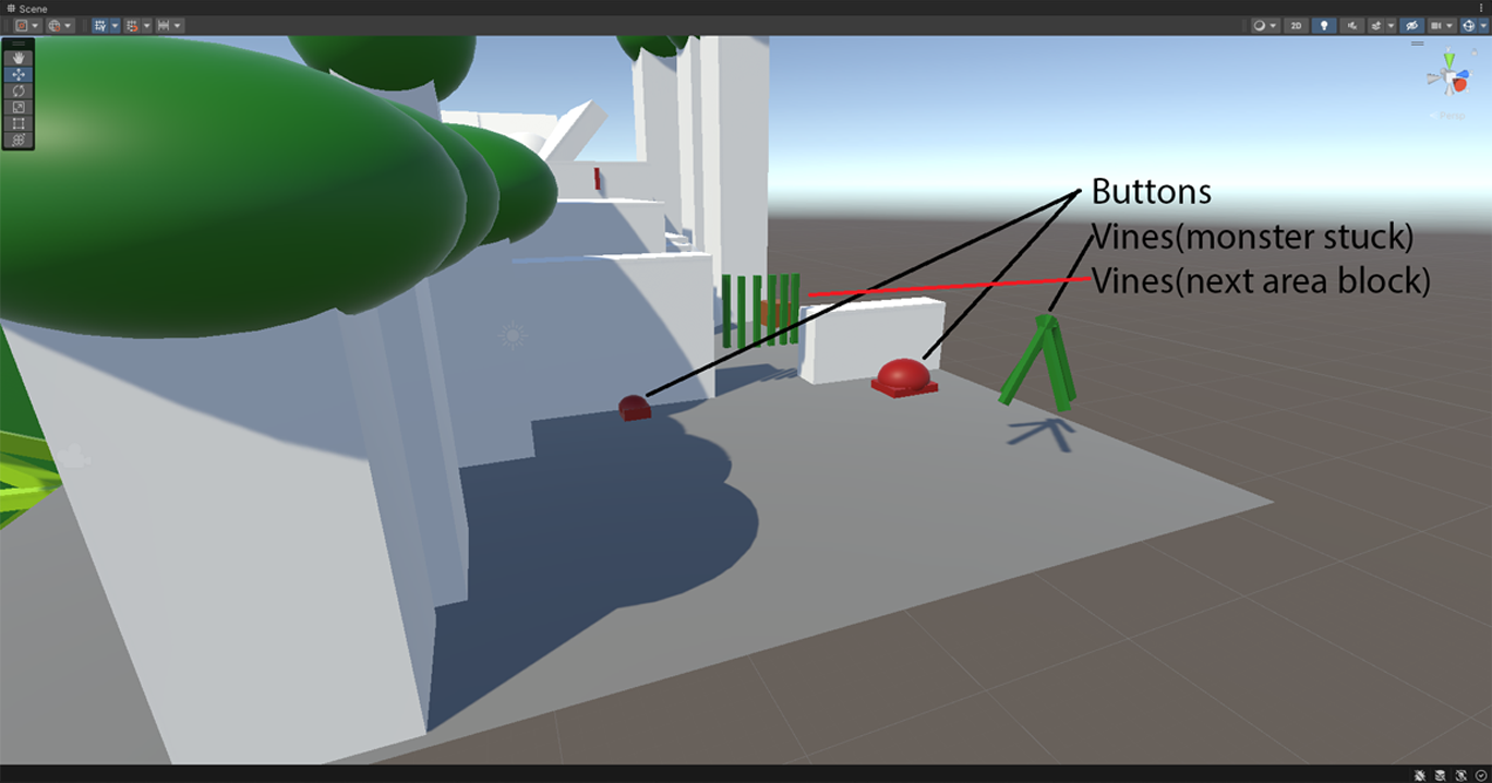 Here is where the two players start. To tie in the gameplay with the story of the monster wanting to help the child get back home. The monster in the beginning is stuck in vines and the child needs to release the monster by pressing a button, being represented by a mushroom. This works for the story but also as a very quick tutorial about the two characters and gameplay.