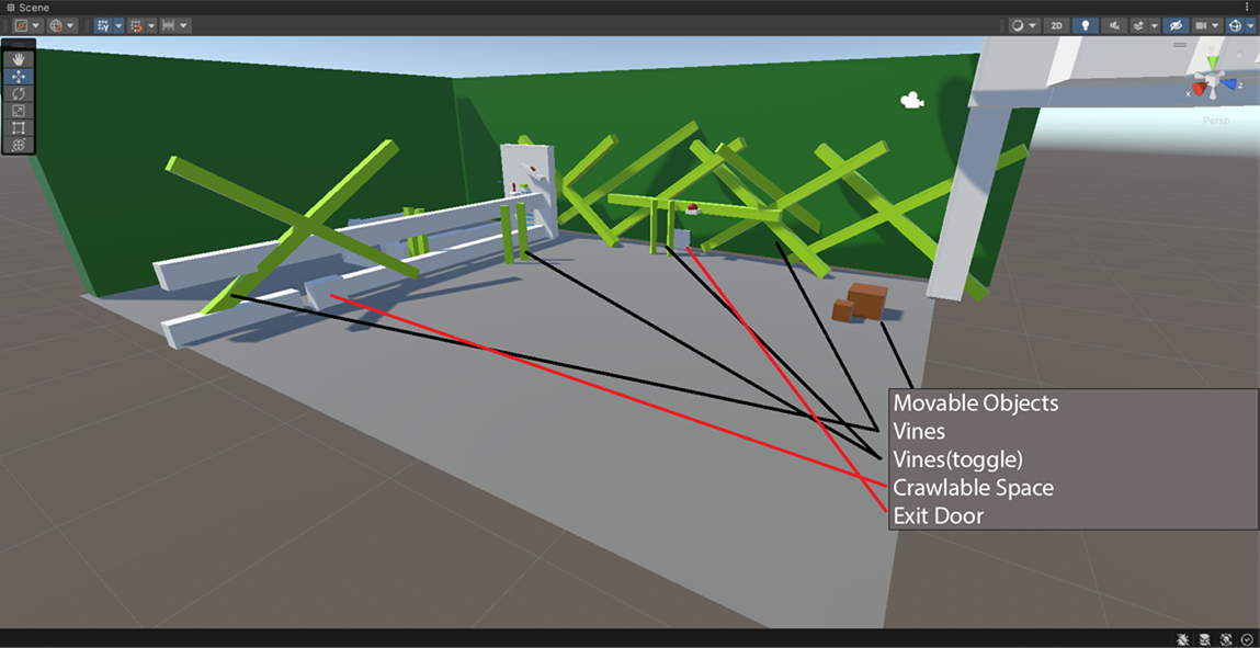 We wanted early in development a puzzle with a crawlspace where you had to split up the two, gaining a split screen and then introduce a new camera. At first I decided for it to be like a cave you would fall into after climbing upwards. It would be a weird journey through a weird world.