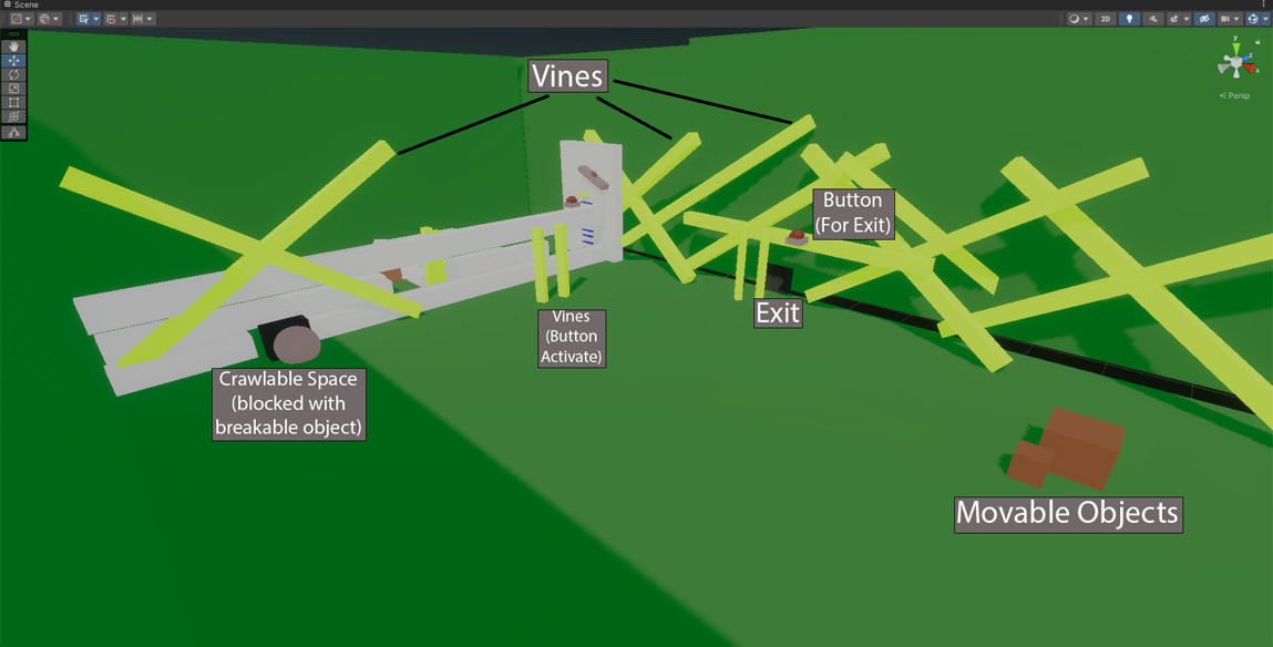 How you access the crawlspace room area has also changed. The game needed to be more linear to fit with the camera system we had in place. It was a stationary camera looking over the players. So having the players going down and needing to change camera would be tricky. So I moved the area upwards and changed the puzzle for getting in there.