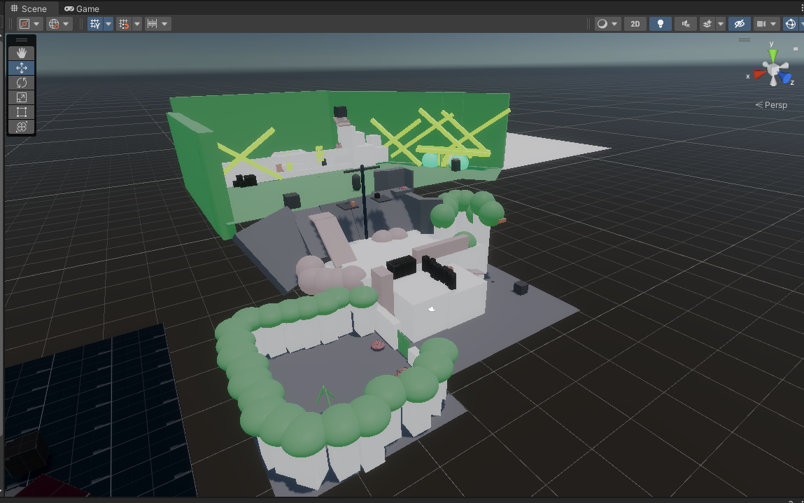 Blockout #3. I got feedback to change the position for the start area as it made more sense for it to be that way for the camera we have. The crawlspace at this point was becoming a problem as we couldn't agree to have it and not bother with the camera or scrap it. The first person camera system worked but we felt it took away from the rest of the game and we couldn't find another way to implement the crawlspace to other places due to time. The crawlspace room would change to another room completely. The empty platform on the right would become the last area with a portal taking the child home and ending the game.