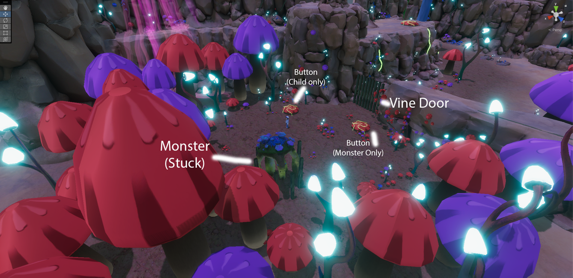 Here's the start area with assets put in by our level artist. I worked with them putting in assets for the final area I was working on at this point whilst they worked on the new area that got swapped from the crawlspace room.