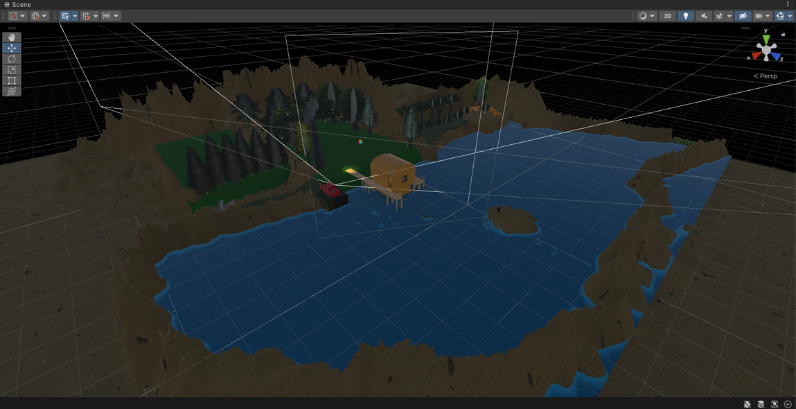 View from the lake. The little island serves as the spawn point for the intruder and something the player will have a full view of during gameplay.