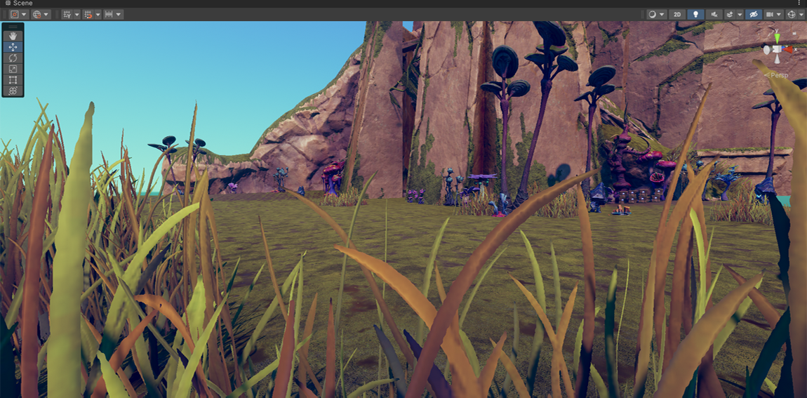 View from a patch of grass under the ledge. Here we see the ancient stone tower and some enemies walking around.