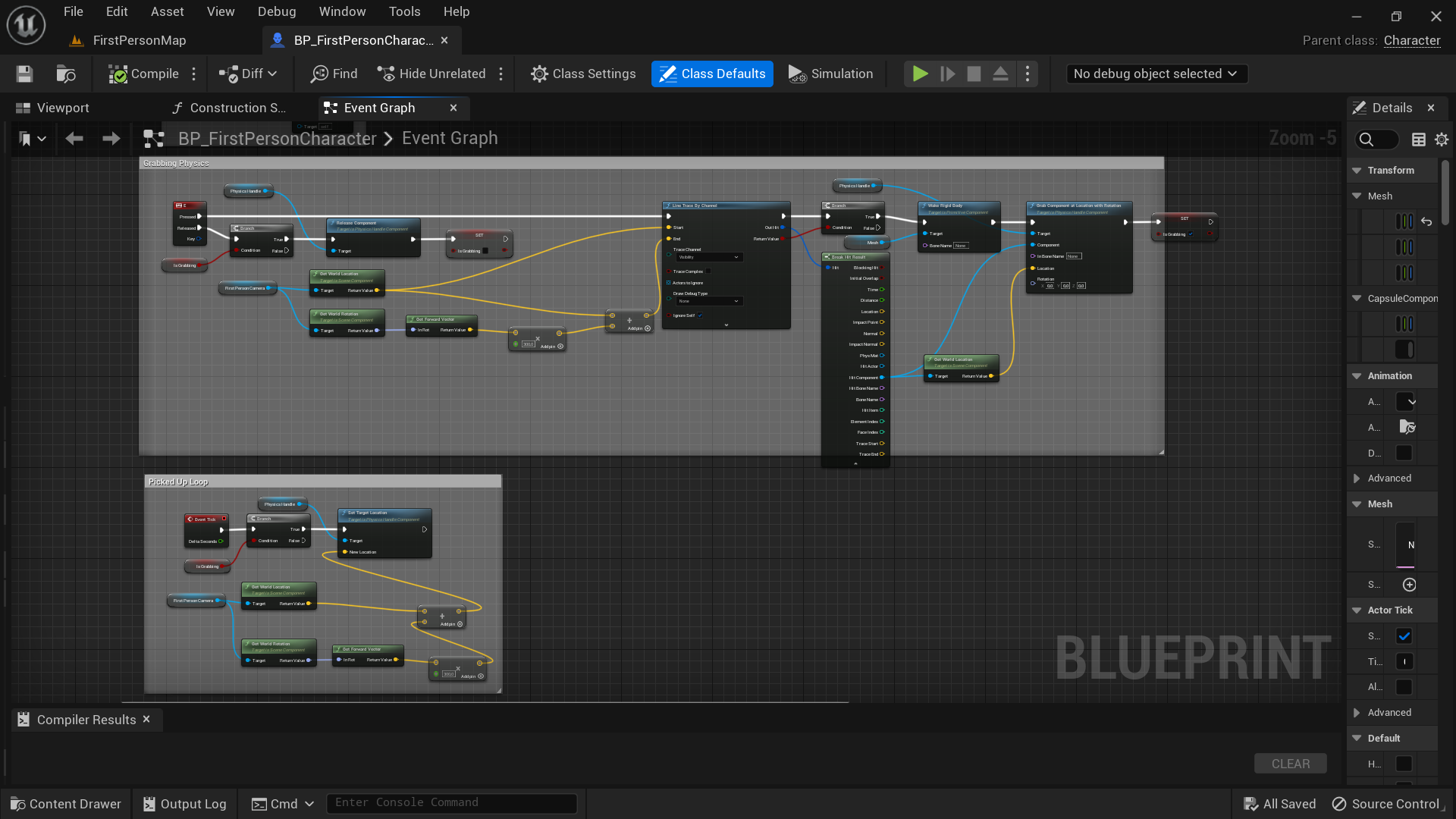 First person character blueprint, grabbing mechanic